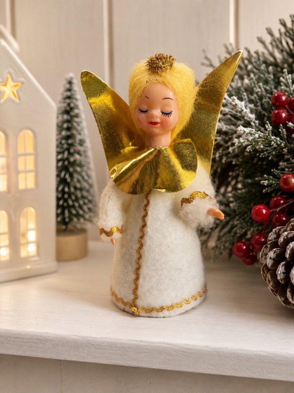 Vintage Christmas Angel Figure Flocked Cone Doll Gold Foil Wings 7" Japan